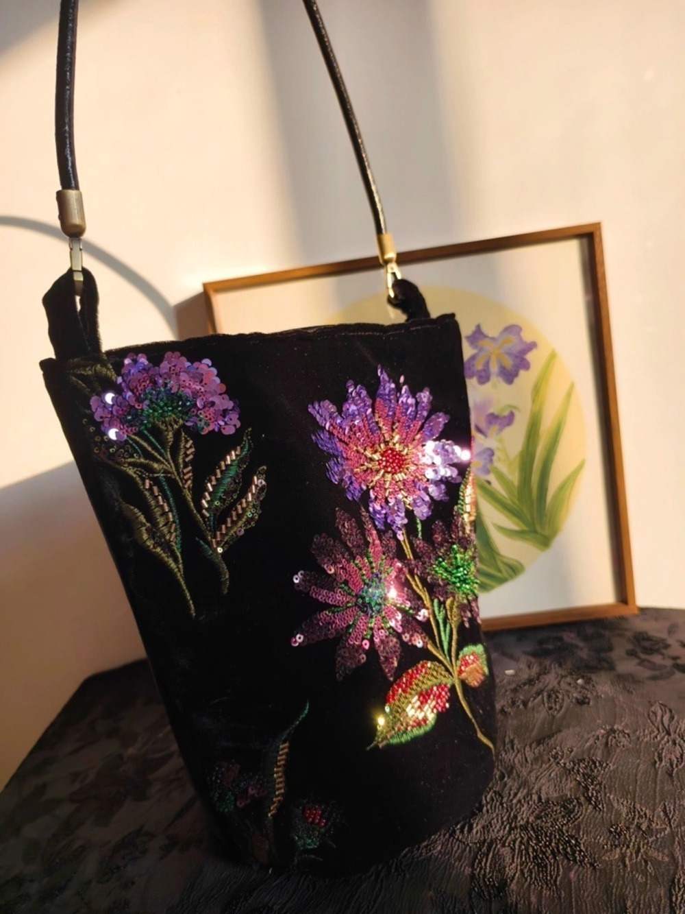 Exquisite Handmade Embroidered Beaded Black Velvet Floral Bucket Evening Bag